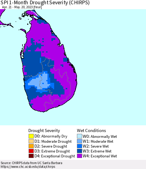 Sri Lanka SPI 1-Month Drought Severity (CHIRPS) Thematic Map For 4/21/2023 - 5/20/2023