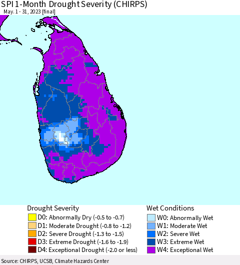 Sri Lanka SPI 1-Month Drought Severity (CHIRPS) Thematic Map For 5/1/2023 - 5/31/2023