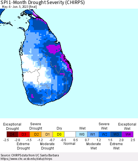 Sri Lanka SPI 1-Month Drought Severity (CHIRPS) Thematic Map For 5/6/2023 - 6/5/2023