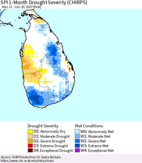 Sri Lanka SPI 1-Month Drought Severity (CHIRPS) Thematic Map For 5/11/2023 - 6/10/2023