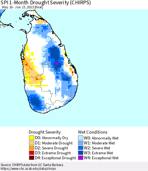 Sri Lanka SPI 1-Month Drought Severity (CHIRPS) Thematic Map For 5/16/2023 - 6/15/2023
