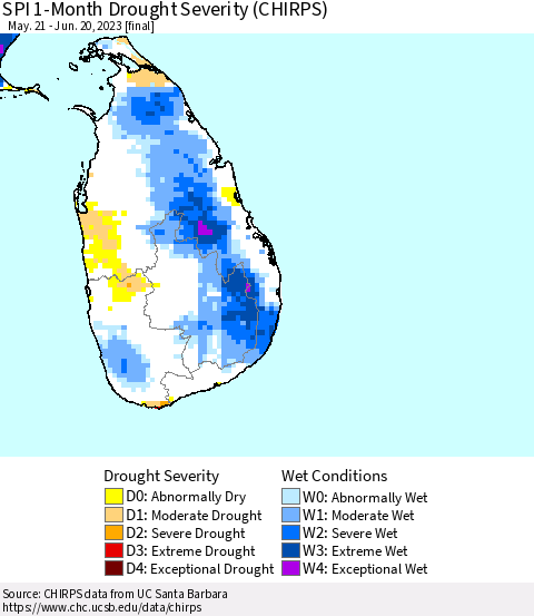 Sri Lanka SPI 1-Month Drought Severity (CHIRPS) Thematic Map For 5/21/2023 - 6/20/2023