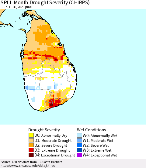 Sri Lanka SPI 1-Month Drought Severity (CHIRPS) Thematic Map For 6/1/2023 - 6/30/2023