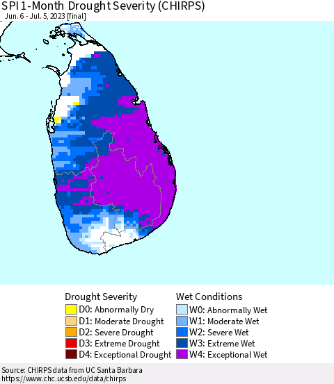 Sri Lanka SPI 1-Month Drought Severity (CHIRPS) Thematic Map For 6/6/2023 - 7/5/2023