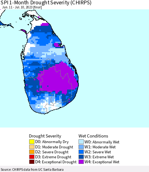 Sri Lanka SPI 1-Month Drought Severity (CHIRPS) Thematic Map For 6/11/2023 - 7/10/2023