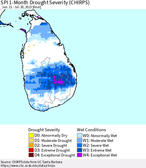 Sri Lanka SPI 1-Month Drought Severity (CHIRPS) Thematic Map For 6/21/2023 - 7/20/2023