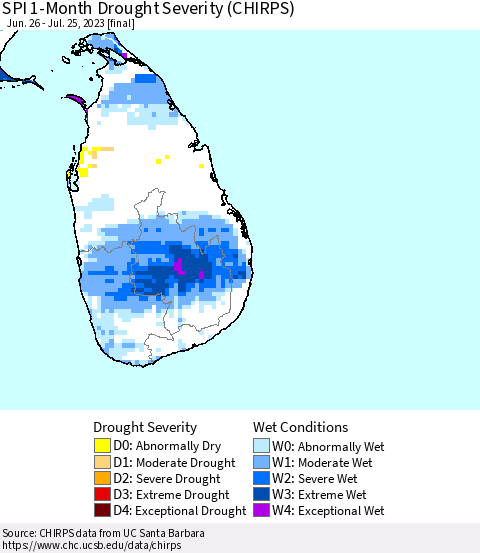 Sri Lanka SPI 1-Month Drought Severity (CHIRPS) Thematic Map For 6/26/2023 - 7/25/2023