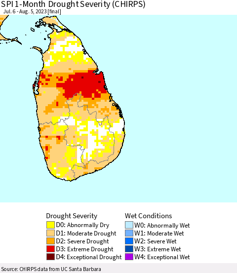Sri Lanka SPI 1-Month Drought Severity (CHIRPS) Thematic Map For 7/6/2023 - 8/5/2023