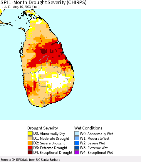 Sri Lanka SPI 1-Month Drought Severity (CHIRPS) Thematic Map For 7/11/2023 - 8/10/2023