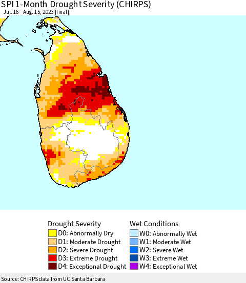 Sri Lanka SPI 1-Month Drought Severity (CHIRPS) Thematic Map For 7/16/2023 - 8/15/2023
