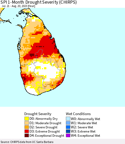 Sri Lanka SPI 1-Month Drought Severity (CHIRPS) Thematic Map For 7/21/2023 - 8/20/2023