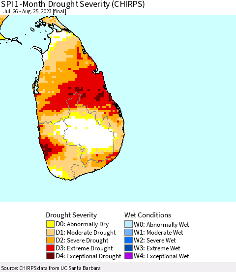 Sri Lanka SPI 1-Month Drought Severity (CHIRPS) Thematic Map For 7/26/2023 - 8/25/2023