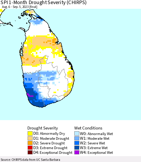 Sri Lanka SPI 1-Month Drought Severity (CHIRPS) Thematic Map For 8/6/2023 - 9/5/2023