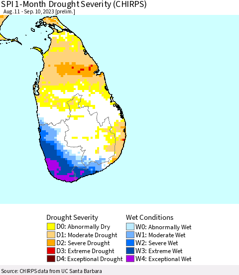 Sri Lanka SPI 1-Month Drought Severity (CHIRPS) Thematic Map For 8/11/2023 - 9/10/2023