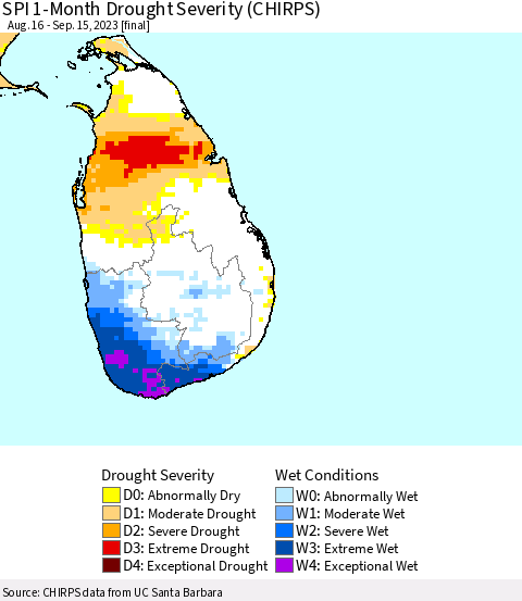 Sri Lanka SPI 1-Month Drought Severity (CHIRPS) Thematic Map For 8/16/2023 - 9/15/2023