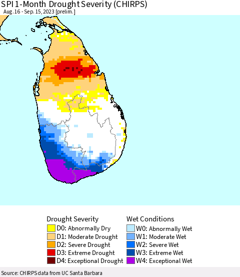 Sri Lanka SPI 1-Month Drought Severity (CHIRPS) Thematic Map For 8/16/2023 - 9/15/2023