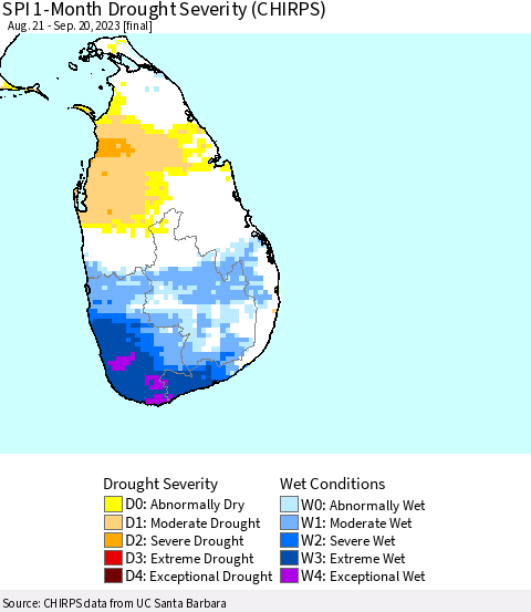 Sri Lanka SPI 1-Month Drought Severity (CHIRPS) Thematic Map For 8/21/2023 - 9/20/2023