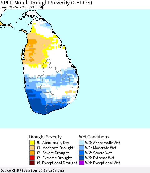 Sri Lanka SPI 1-Month Drought Severity (CHIRPS) Thematic Map For 8/26/2023 - 9/25/2023
