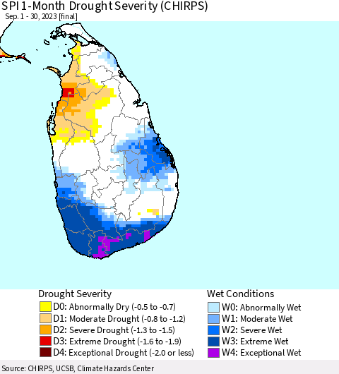 Sri Lanka SPI 1-Month Drought Severity (CHIRPS) Thematic Map For 9/1/2023 - 9/30/2023