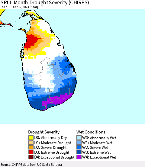 Sri Lanka SPI 1-Month Drought Severity (CHIRPS) Thematic Map For 9/6/2023 - 10/5/2023