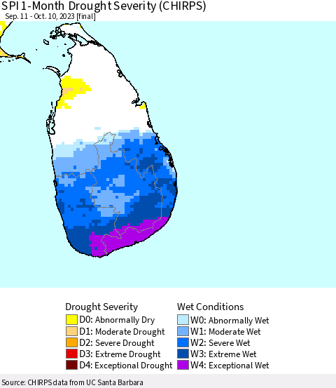 Sri Lanka SPI 1-Month Drought Severity (CHIRPS) Thematic Map For 9/11/2023 - 10/10/2023