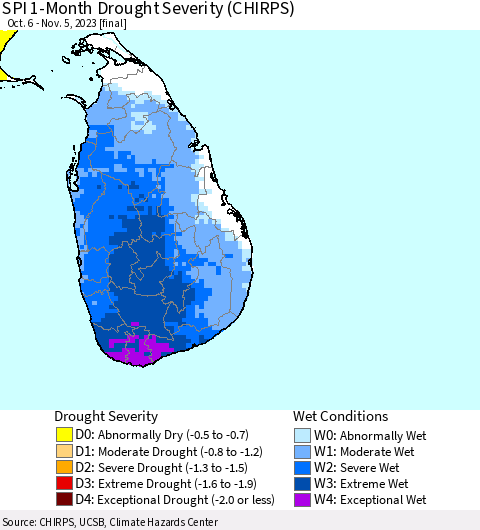 Sri Lanka SPI 1-Month Drought Severity (CHIRPS) Thematic Map For 10/6/2023 - 11/5/2023