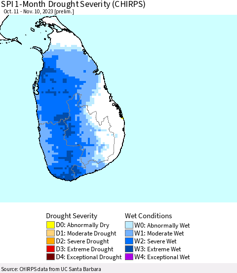 Sri Lanka SPI 1-Month Drought Severity (CHIRPS) Thematic Map For 10/11/2023 - 11/10/2023