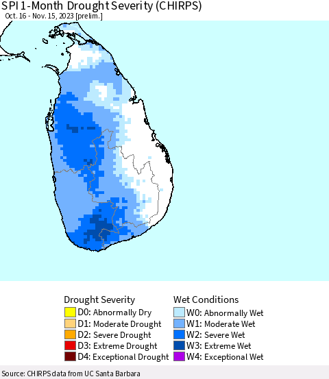 Sri Lanka SPI 1-Month Drought Severity (CHIRPS) Thematic Map For 10/16/2023 - 11/15/2023