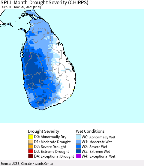 Sri Lanka SPI 1-Month Drought Severity (CHIRPS) Thematic Map For 10/21/2023 - 11/20/2023