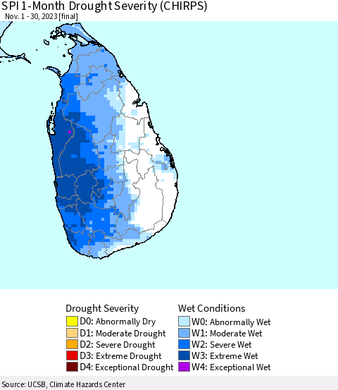 Sri Lanka SPI 1-Month Drought Severity (CHIRPS) Thematic Map For 11/1/2023 - 11/30/2023