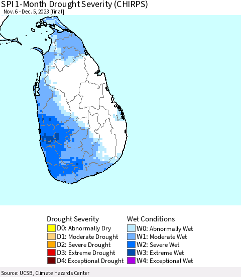 Sri Lanka SPI 1-Month Drought Severity (CHIRPS) Thematic Map For 11/6/2023 - 12/5/2023