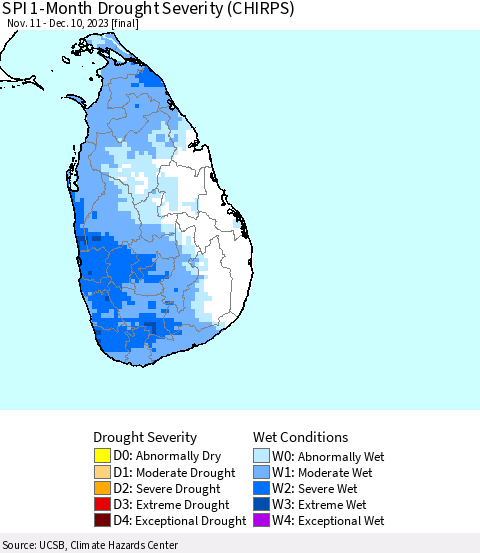 Sri Lanka SPI 1-Month Drought Severity (CHIRPS) Thematic Map For 11/11/2023 - 12/10/2023