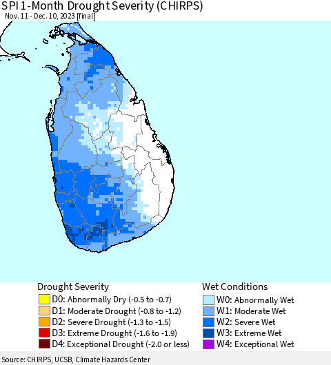 Sri Lanka SPI 1-Month Drought Severity (CHIRPS) Thematic Map For 11/11/2023 - 12/10/2023