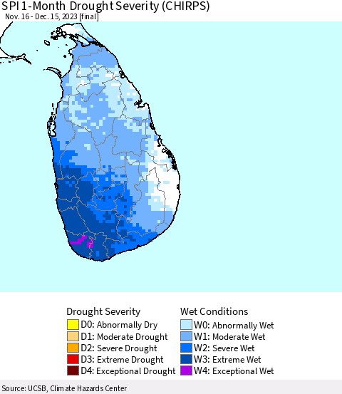 Sri Lanka SPI 1-Month Drought Severity (CHIRPS) Thematic Map For 11/16/2023 - 12/15/2023