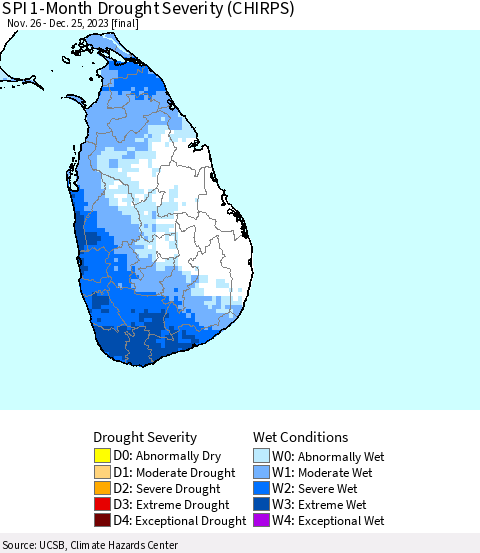 Sri Lanka SPI 1-Month Drought Severity (CHIRPS) Thematic Map For 11/26/2023 - 12/25/2023