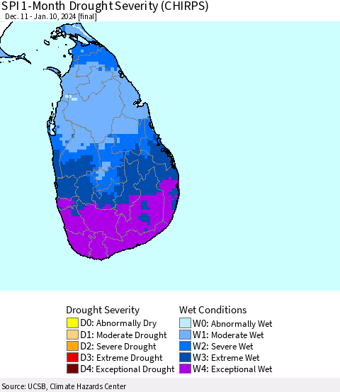 Sri Lanka SPI 1-Month Drought Severity (CHIRPS) Thematic Map For 12/11/2023 - 1/10/2024