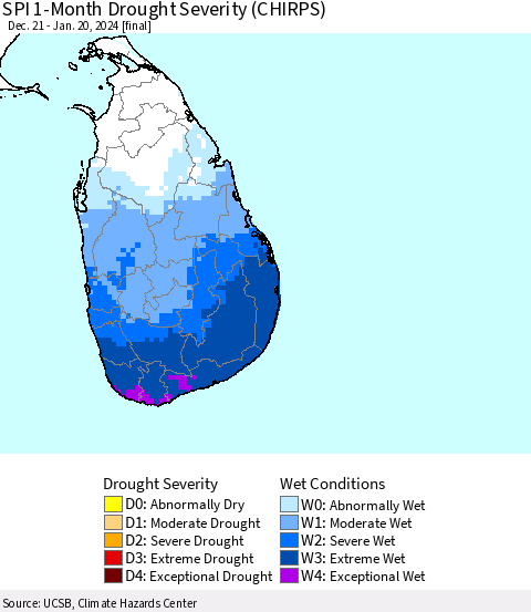 Sri Lanka SPI 1-Month Drought Severity (CHIRPS) Thematic Map For 12/21/2023 - 1/20/2024