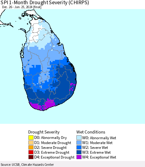 Sri Lanka SPI 1-Month Drought Severity (CHIRPS) Thematic Map For 12/26/2023 - 1/25/2024