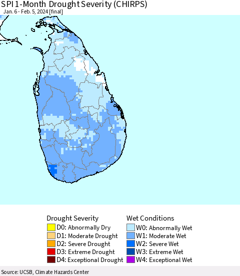 Sri Lanka SPI 1-Month Drought Severity (CHIRPS) Thematic Map For 1/6/2024 - 2/5/2024