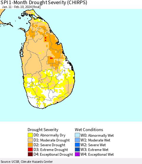 Sri Lanka SPI 1-Month Drought Severity (CHIRPS) Thematic Map For 1/11/2024 - 2/10/2024
