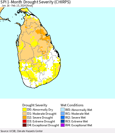 Sri Lanka SPI 1-Month Drought Severity (CHIRPS) Thematic Map For 1/16/2024 - 2/15/2024