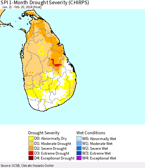 Sri Lanka SPI 1-Month Drought Severity (CHIRPS) Thematic Map For 1/21/2024 - 2/20/2024
