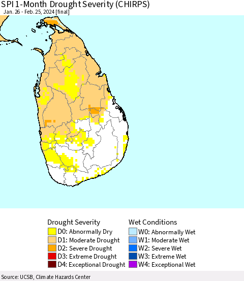 Sri Lanka SPI 1-Month Drought Severity (CHIRPS) Thematic Map For 1/26/2024 - 2/25/2024