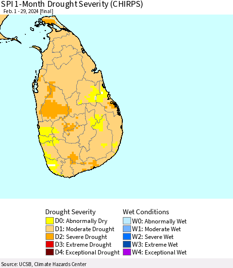 Sri Lanka SPI 1-Month Drought Severity (CHIRPS) Thematic Map For 2/1/2024 - 2/29/2024