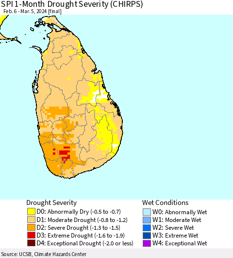 Sri Lanka SPI 1-Month Drought Severity (CHIRPS) Thematic Map For 2/6/2024 - 3/5/2024