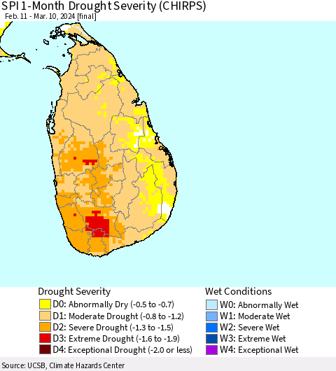 Sri Lanka SPI 1-Month Drought Severity (CHIRPS) Thematic Map For 2/11/2024 - 3/10/2024