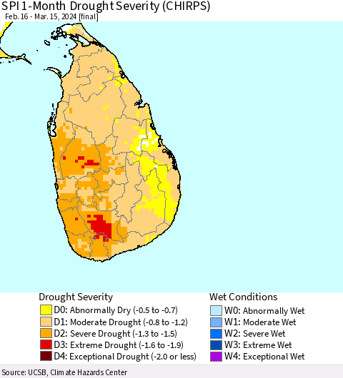 Sri Lanka SPI 1-Month Drought Severity (CHIRPS) Thematic Map For 2/16/2024 - 3/15/2024