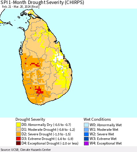 Sri Lanka SPI 1-Month Drought Severity (CHIRPS) Thematic Map For 2/21/2024 - 3/20/2024