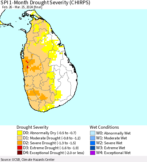 Sri Lanka SPI 1-Month Drought Severity (CHIRPS) Thematic Map For 2/26/2024 - 3/25/2024