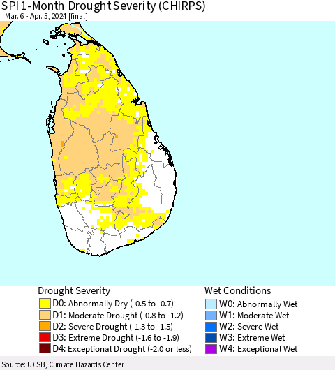 Sri Lanka SPI 1-Month Drought Severity (CHIRPS) Thematic Map For 3/6/2024 - 4/5/2024